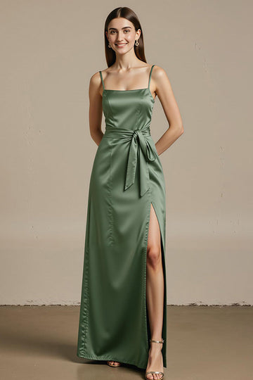 Light Green Satin A Line Long Black Tie Dress with Slit